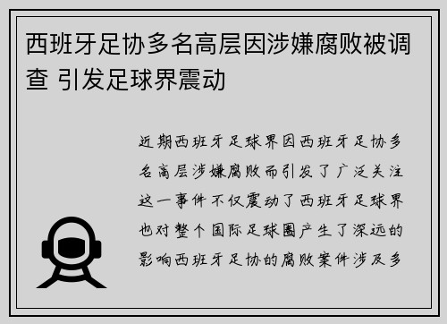 西班牙足协多名高层因涉嫌腐败被调查 引发足球界震动