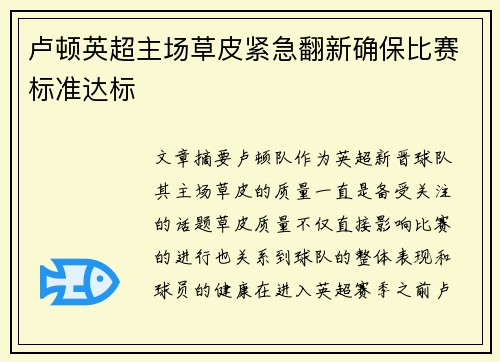卢顿英超主场草皮紧急翻新确保比赛标准达标